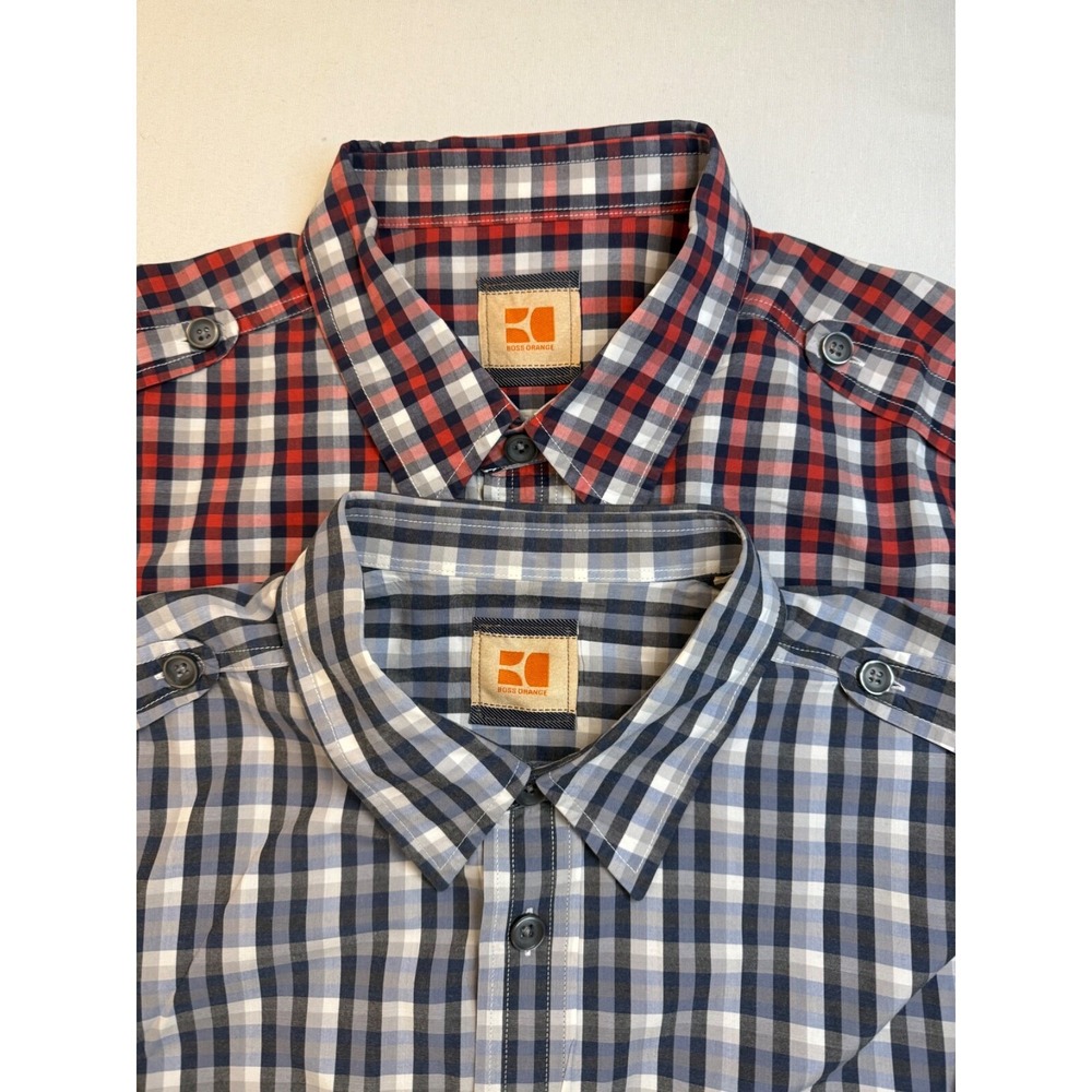 Hugo Boss Orange Mens XXL Gingham Plaid Button Down Shirt Lot of 2 XXL Blue /Red